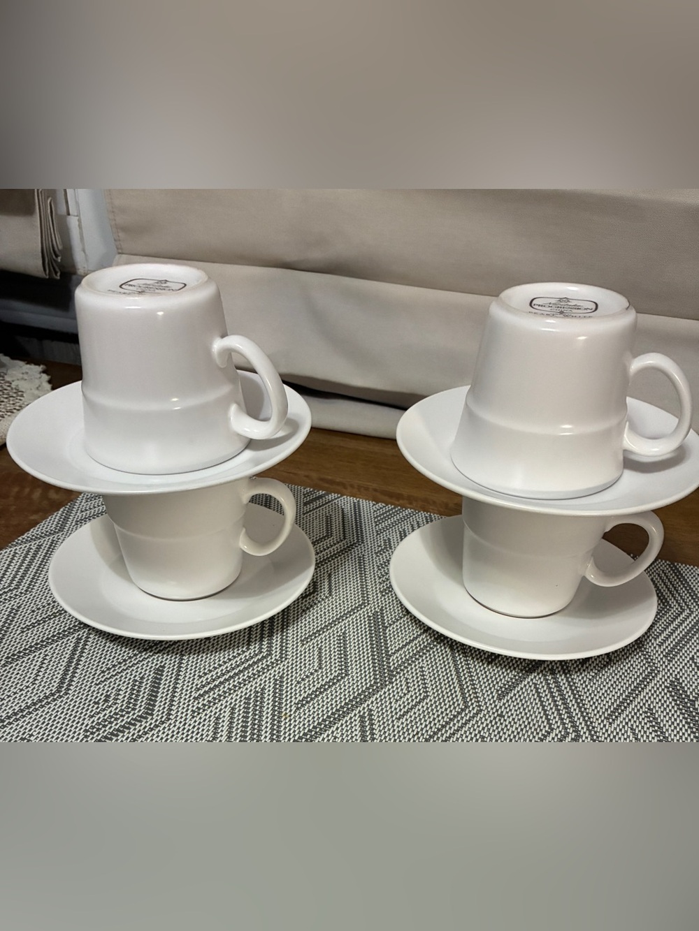 Noritake Progression Pearl White Coffee Mugs Cups Saucers Ceramic, 4 Sets, 8 pcs